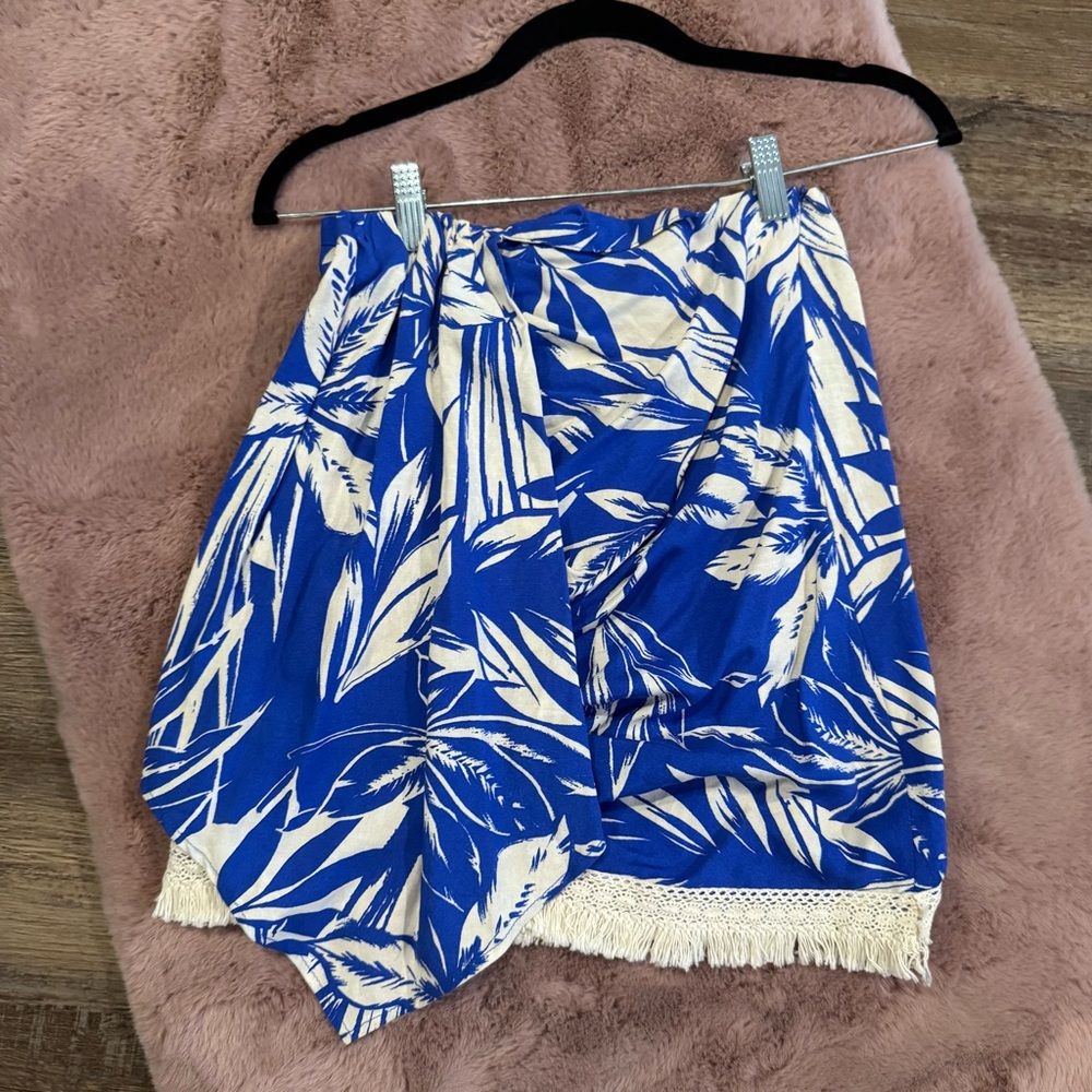 Zara Blue and Cream Tropical Wrap Skirt with Fringe Trim